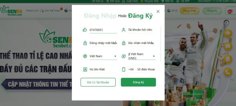 Giao diện đăng ký tài khoản game